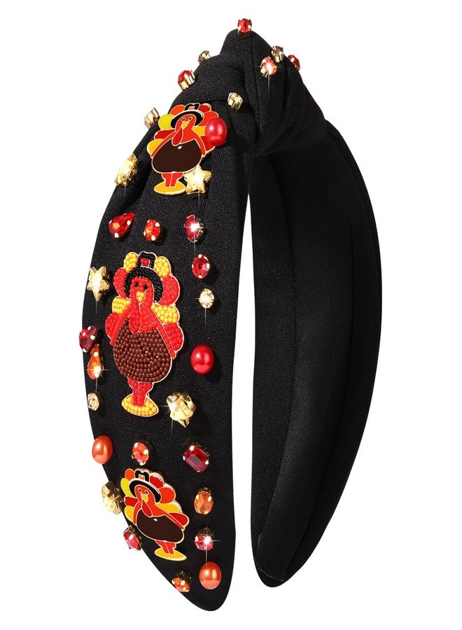 سيالكسهيني طوق رأس CEALXHENY لعيد الشكر للنساء، إكسسوارات خريفية، طوق رأس مزين بالخرز على شكل يقطينة، طوق رأس مرصع بأحجار الراين الكريستالية، طوق شعر معقود، هدايا إكسسوارات الشعر لعيد الشكر والخريف (ديك رومي 3- أسود) - Image 1