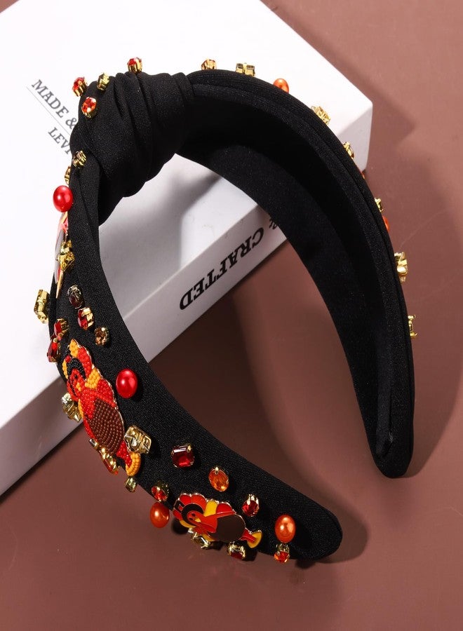 سيالكسهيني طوق رأس CEALXHENY لعيد الشكر للنساء، إكسسوارات خريفية، طوق رأس مزين بالخرز على شكل يقطينة، طوق رأس مرصع بأحجار الراين الكريستالية، طوق شعر معقود، هدايا إكسسوارات الشعر لعيد الشكر والخريف (ديك رومي 3- أسود) - Image 5