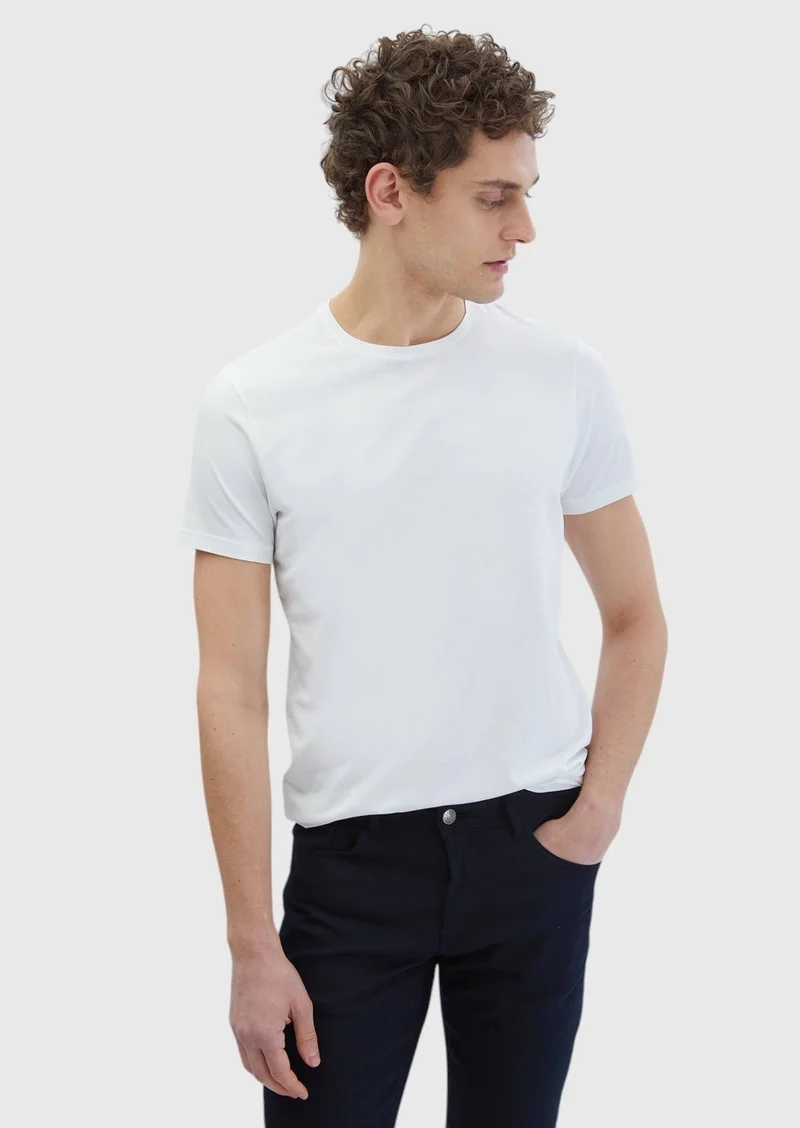 Ramsey White Plain Crew Neck Cotton Blended T-Shirt