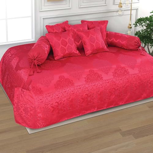 Victor Poly Cotton Styria Satin Geometrical Pattern Diwan Set - 8 Pcs (Maroon, Bed Cover - 60"x90", 2 Bolsters - 16" x 32" & 5 Cushion Covers - 16" x 16") - Image 1