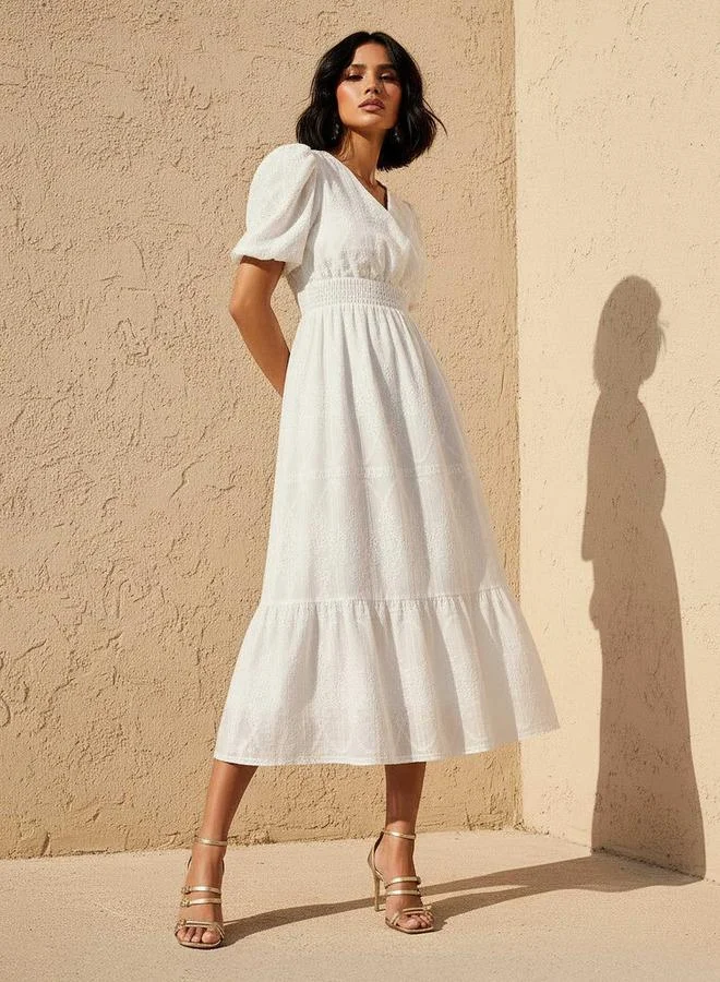 2Xtremz 2Xtremz Midi Dress with Puff Sleeves and Embroidery