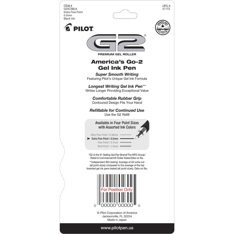 Pilot, G2 Premium Gel Roller Pens, Extra Fine Point 0.5 mm, Pack of 5, Black - Image 2
