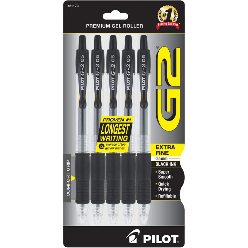 Pilot, G2 Premium Gel Roller Pens, Extra Fine Point 0.5 mm, Pack of 5, Black - Image 1
