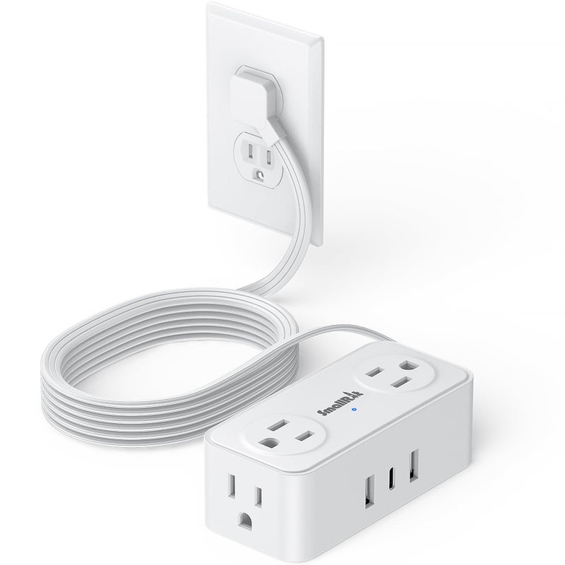 SMALLRT 6.5Ft Power Strip with Surge Protector, 4 Outlets 3 USB Ports Extension Cord, Flat Plug Charging Station for Home Office Desk & College Dorm Essentials, White - Image 1