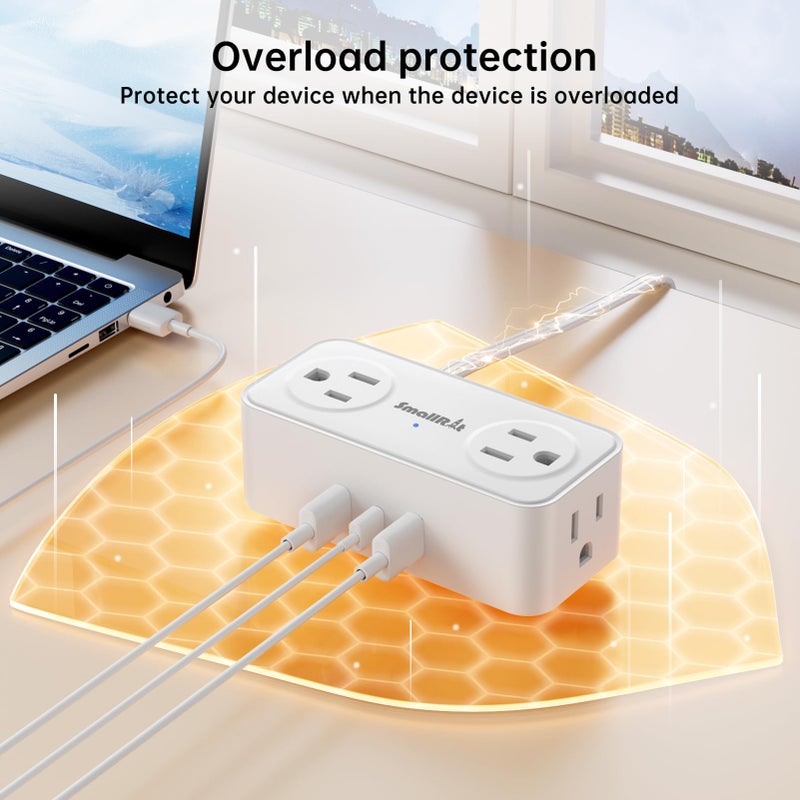 SMALLRT 6.5Ft Power Strip with Surge Protector, 4 Outlets 3 USB Ports Extension Cord, Flat Plug Charging Station for Home Office Desk & College Dorm Essentials, White - Image 4