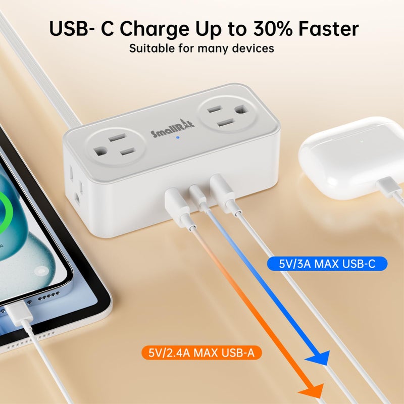 SMALLRT 6.5Ft Power Strip with Surge Protector, 4 Outlets 3 USB Ports Extension Cord, Flat Plug Charging Station for Home Office Desk & College Dorm Essentials, White - Image 3