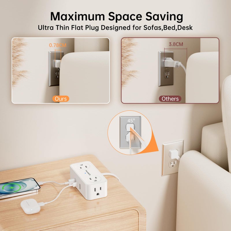 SMALLRT 6.5Ft Power Strip with Surge Protector, 4 Outlets 3 USB Ports Extension Cord, Flat Plug Charging Station for Home Office Desk & College Dorm Essentials, White - Image 5