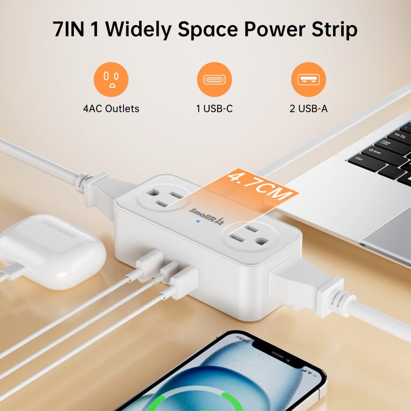 SMALLRT 6.5Ft Power Strip with Surge Protector, 4 Outlets 3 USB Ports Extension Cord, Flat Plug Charging Station for Home Office Desk & College Dorm Essentials, White - Image 2