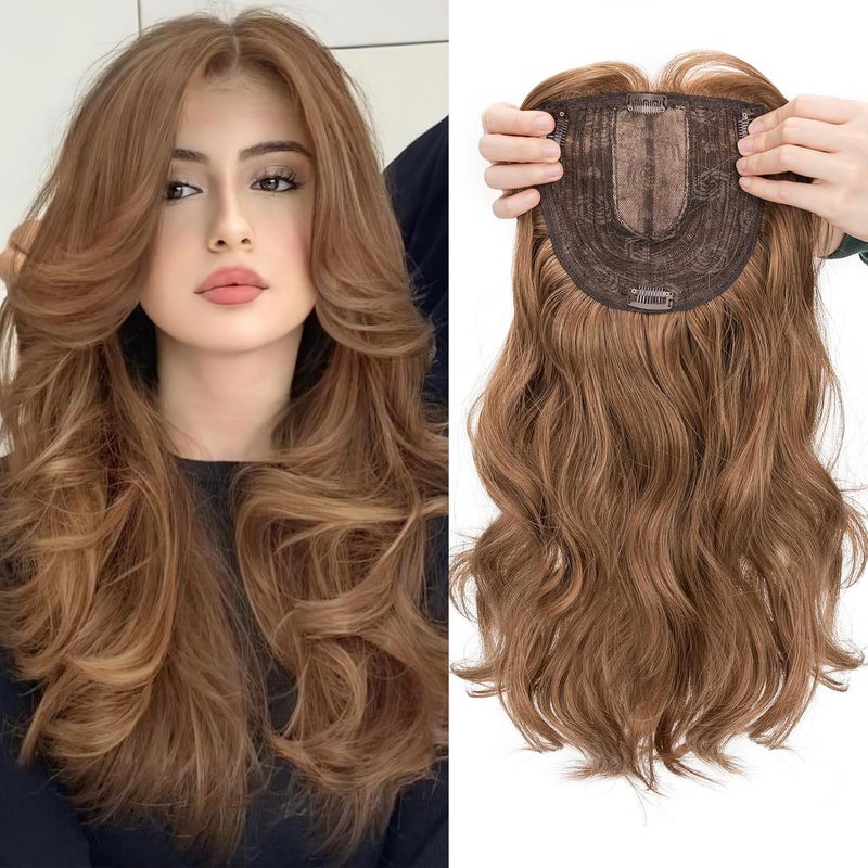 S-noilite 18inch Hair Toppers for Women with Fringe Bang Long Wavy Curly Hair Pieces for Women with Thinning Hair Clip in Hair Topper Highlight Synthetic Wig Add Hair Volume Brown Mixed Blonde