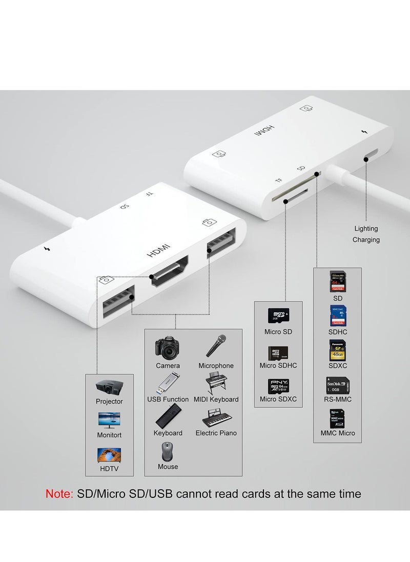 KASTWAVE - HDMI OTG Adapter, HDMI USB Hub, 6-in-1 Lighting to HDMI Digital AV Converter, TF SD Card Reader, USB Camera Adapter, Power Delivery Compatible with Phone, Pad, Support MIDI Keyboard, Projector - Image 1