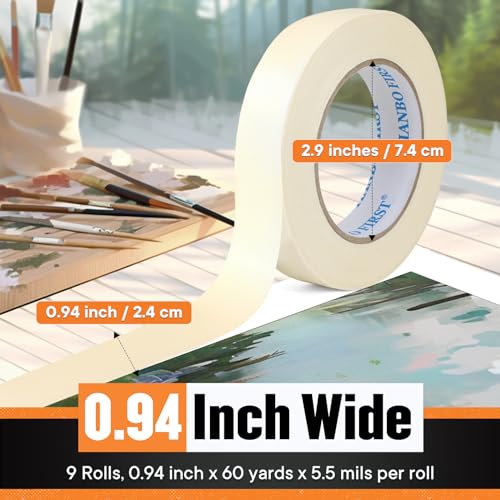TIANBO FIRST Masking Tape 0.94 Inch Wide Thin White Painters Tape Beige Masking Tape Bulk for Painting Home Office School Stationery, 0.94 Inch x 60 Yards, 9 Rolls - Image 2