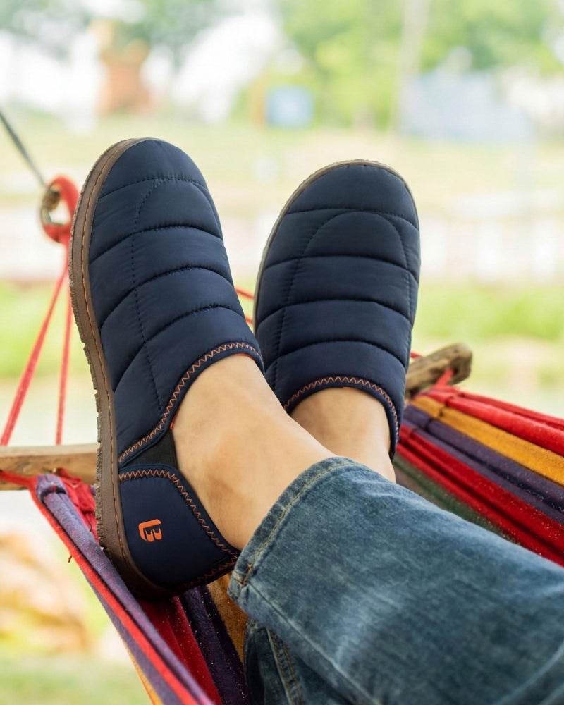 LongBay Men's Outdoor Slippers Two Tone Warm Memory Foam Slip On Indoor House Shoes bedroom Loafers Navy Blue, 10 - Image 2