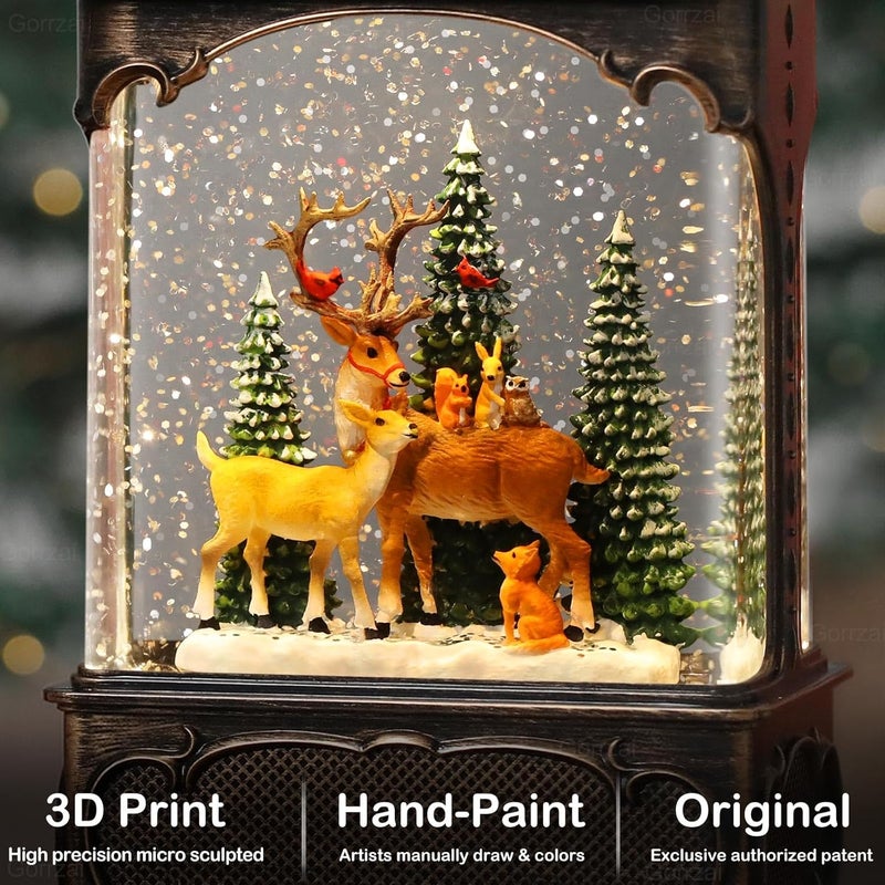 Gorrzai Christmas Snow Globes Deer Snow Globe Lantern, Lighted Christmas Decorations Indoor with Music Timer Swirling Glitter, Musical Reindeer Cardinal Animal Forest Decor, USB or Battery Operated - Image 2