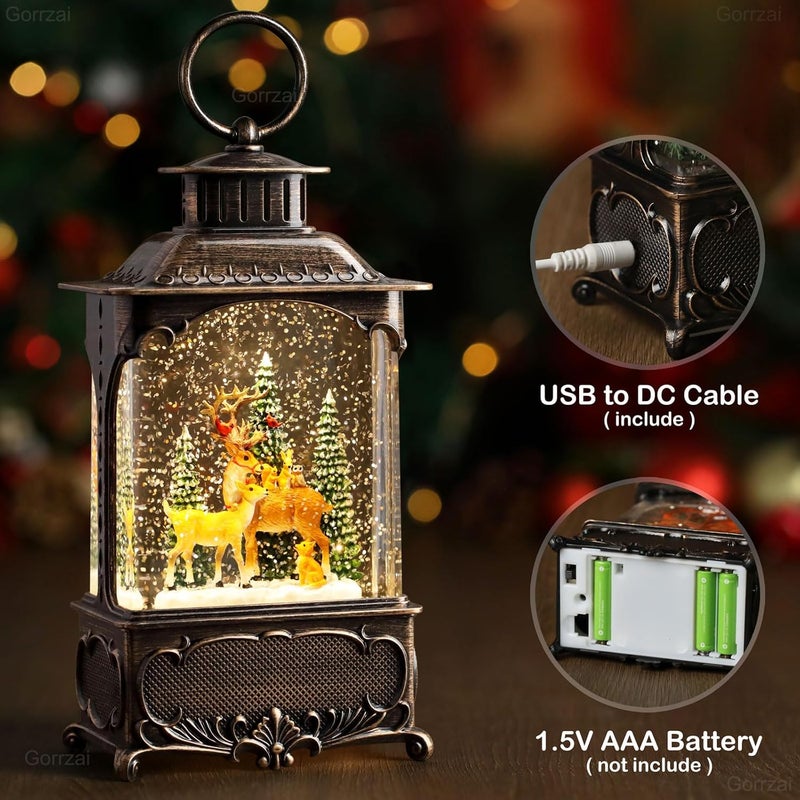 Gorrzai Christmas Snow Globes Deer Snow Globe Lantern, Lighted Christmas Decorations Indoor with Music Timer Swirling Glitter, Musical Reindeer Cardinal Animal Forest Decor, USB or Battery Operated - Image 3