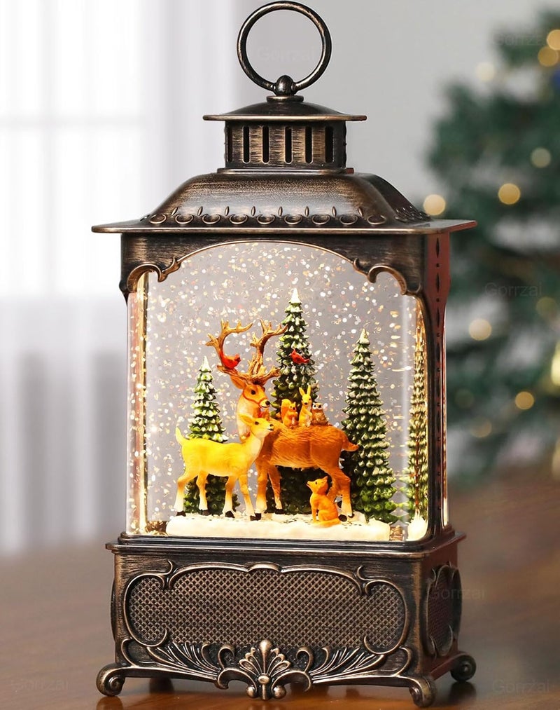 Gorrzai Christmas Snow Globes Deer Snow Globe Lantern, Lighted Christmas Decorations Indoor with Music Timer Swirling Glitter, Musical Reindeer Cardinal Animal Forest Decor, USB or Battery Operated - Image 1
