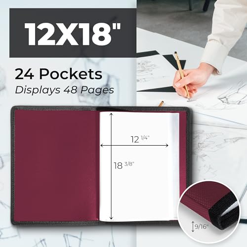 Dunwell دونويل 12x18 محفظة فنية مع ورق تثبيت أسود (روبي) ، مجلد كبير لتخزين الأعمال الفنية ، 24 غلاف عرض 48 صفحة ، كتاب تقديم بلاستيكي خالي من الحمض 12 x 18 - Image 2