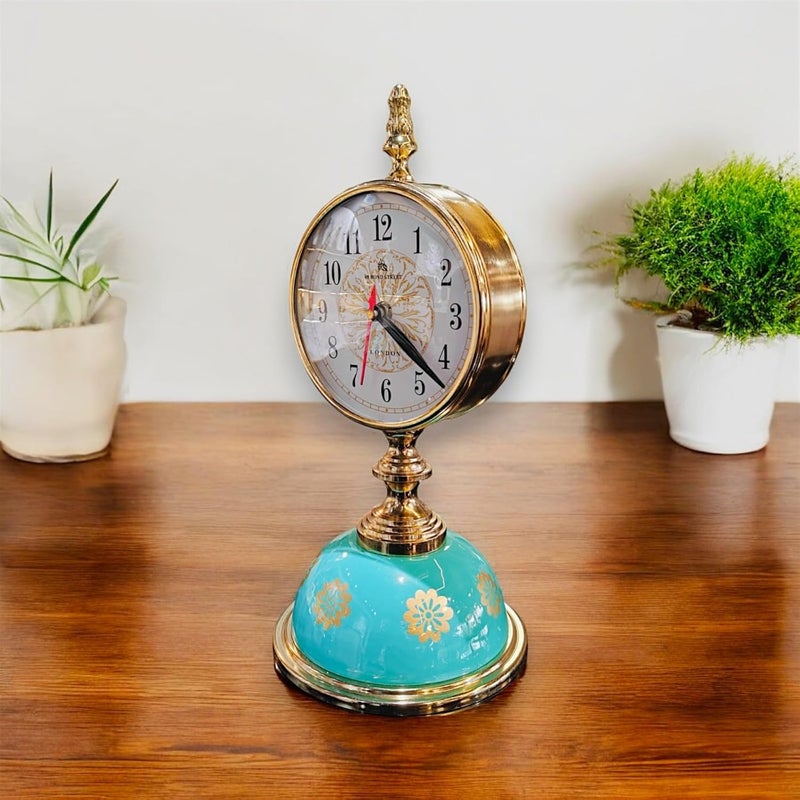The Artage Metal Brass Gold Finish Table Clock for Home Decor Showpiece Decorative Watch Statue Gift for Decoration Hand Made Handcrafted Artifact for Shelf Antique Gifting - Image 2