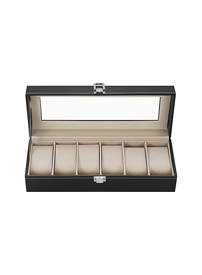 ORiTi Watch Box Organizer for Men and Women - Jewelry Watch Case Holder Display Storage Collector Luxury Set with Glass Top Display Viewing Window PU Leather Velvet Pillows Black (6 Slot) - Image 1