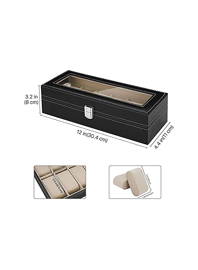 ORiTi Watch Box Organizer for Men and Women - Jewelry Watch Case Holder Display Storage Collector Luxury Set with Glass Top Display Viewing Window PU Leather Velvet Pillows Black (6 Slot) - Image 3
