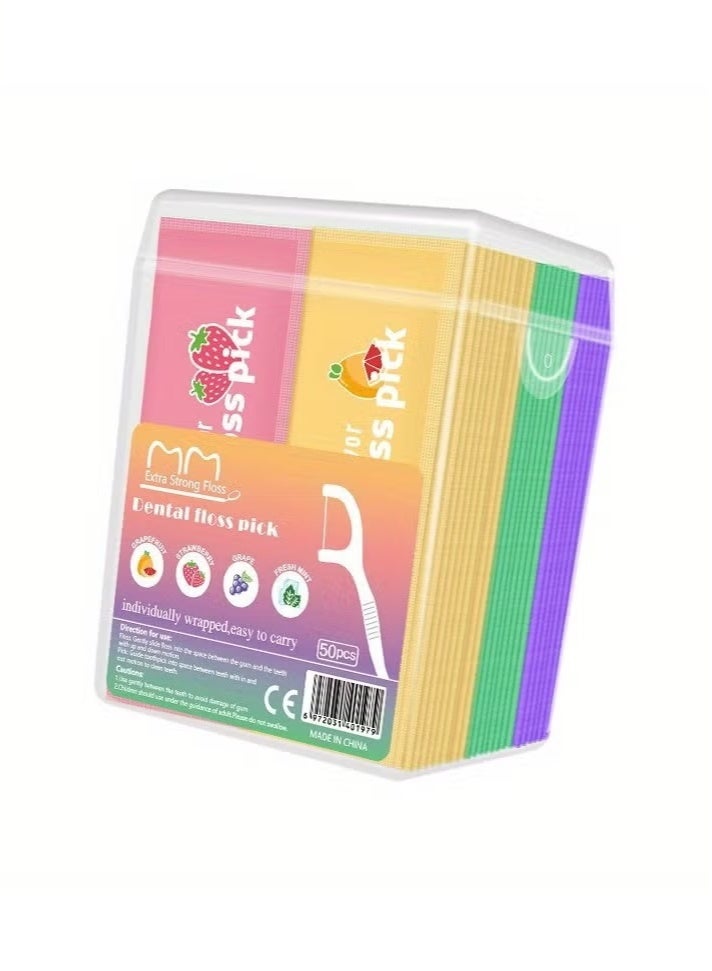MM 50pcs/box Colorful Fruit-flavored Dental Floss With Independent Packaging, Disposable Toothpick, Portable Dental Floss For Adults - Image 1