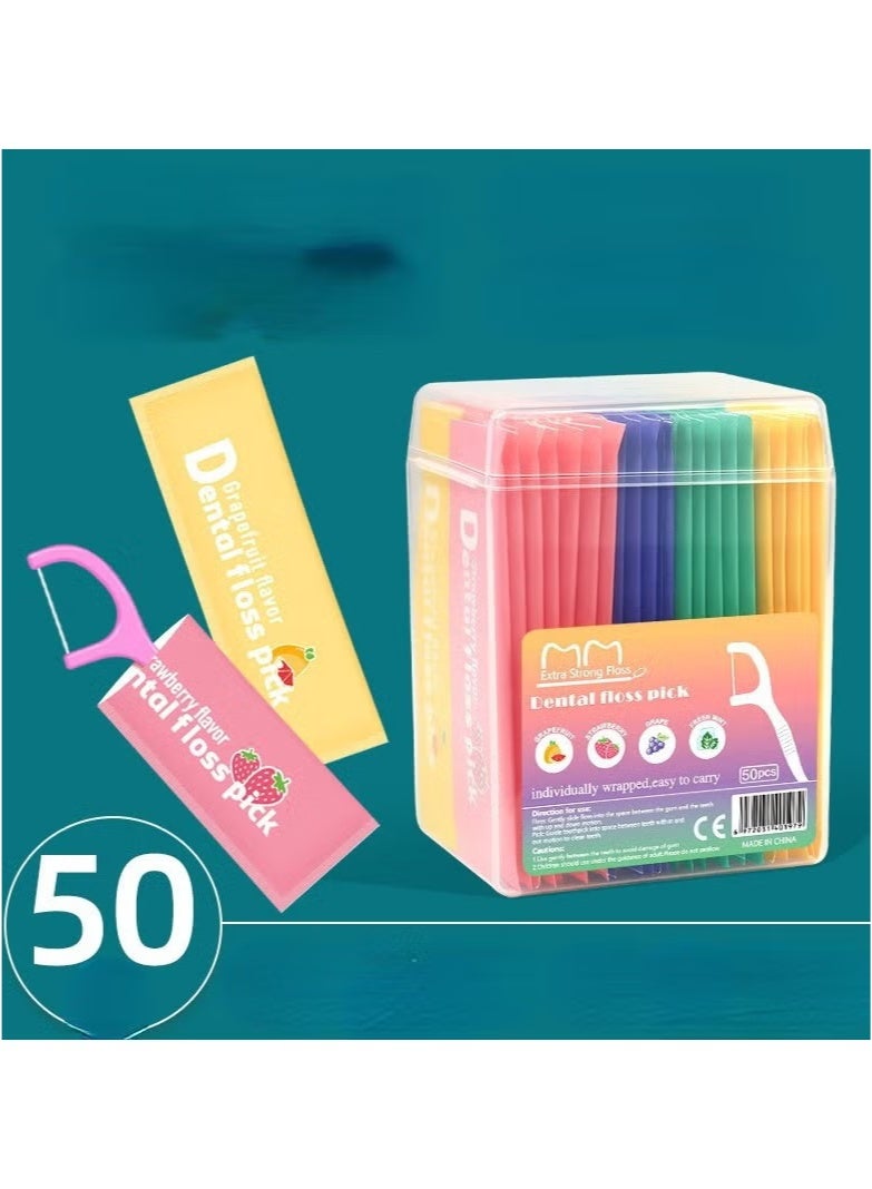 MM 50pcs/box Colorful Fruit-flavored Dental Floss With Independent Packaging, Disposable Toothpick, Portable Dental Floss For Adults - Image 2