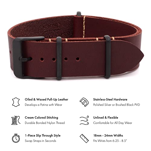 Benchmark Basics Leather Watch Band - Crazy Horse Oiled Leather One-Piece Watch Straps for Men & Women - Choice of Color & Width - 18mm, 20mm, 22mm or 24mm (18mm, Oxblood PVD) - Image 2