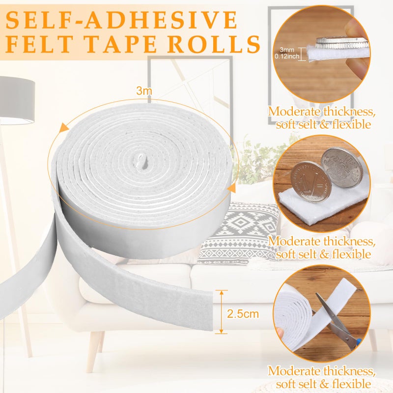 Zonon 4 Rolls 120 Inch Felt Strip with Adhesive Backing Felt Tapes Furniture Felt Strip Rolls Self Stick Heavy Duty Polyester for Protecting Furniture and DIY Adhesive (1 Inch White) - Image 3