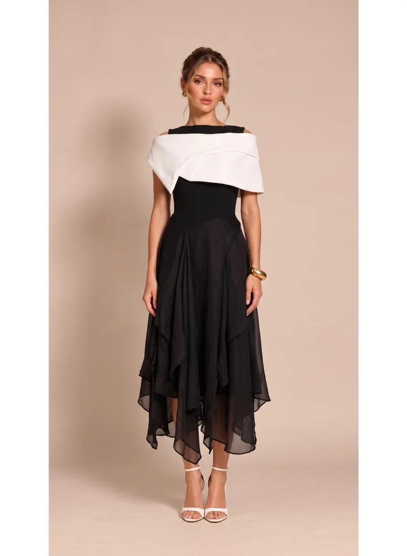 2Trendy Women's Black Midi Dress with Cold Shoulder Cutouts, Wide Shoulder Panel and Layered Skirt