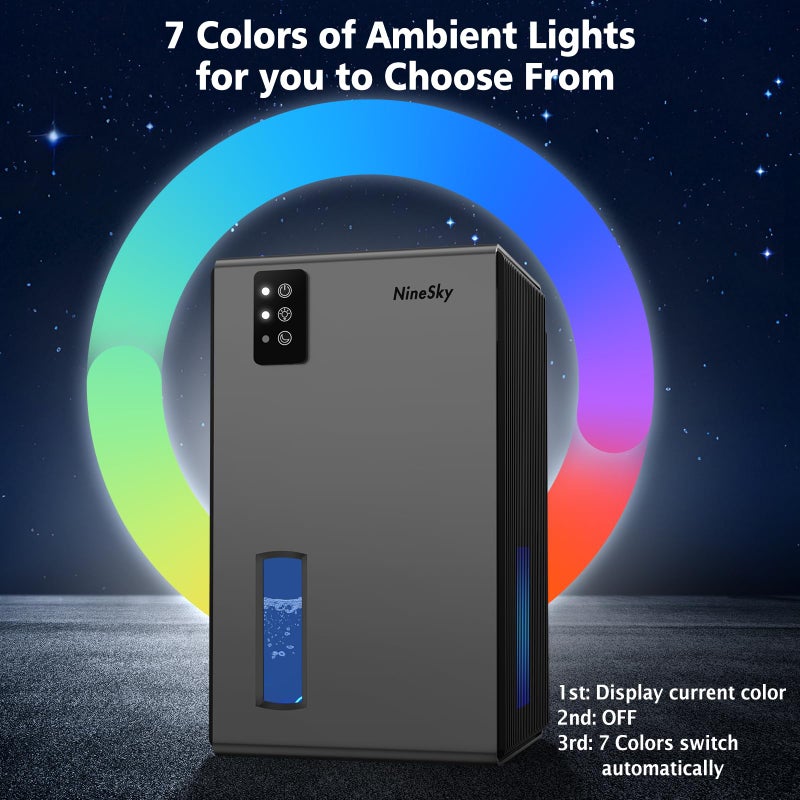 NineSky Dehumidifiers for Home, 95 OZ Water Tank, (1000 sq.ft) Dehumidifiers for Bathroom Bedroom Basement with Auto Shut Off,7 Colors LED Light (Gray) - Image 4