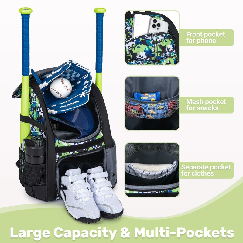 KAVIGOR Youth Baseball Bag, Softball Bag for Girls & Boys, Kids Tball Backpack with Shoes Compartment - Image 3