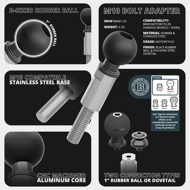 Tackform Motorcycle Stainless Steel M10 Handlebar Bolt Ball Mount with 25.4mm Rubber Ball - Image 3