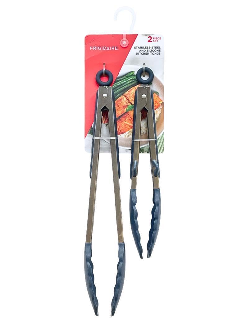Frigidaire 2PC Stainless Steel Kitchen Food Tongs Set for Cooking with Silicone Tips (NAVY)