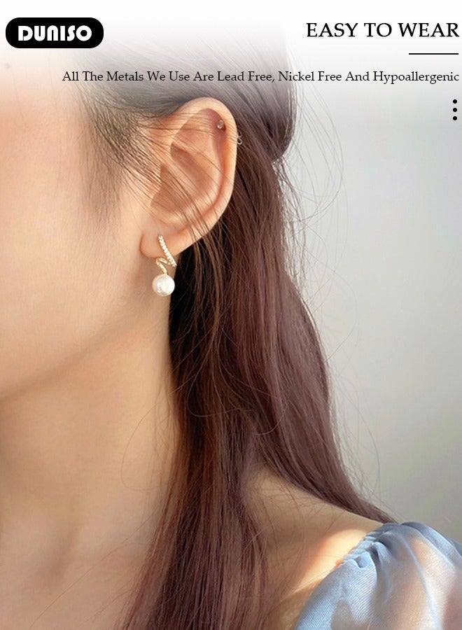 DUNISO Women's Pearl Hoop Earrings,Fashionable Lightweight Earrings,Full of diamond pearl Earrings,Simple Pearl Drop Earrings, Dainty Elegant French Stud Earrings, Hypoallergenic Pearl Earring for Women Girls - Image 4