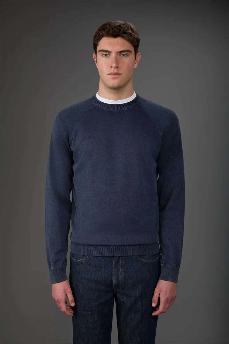 دوبل غانغر Men's crew neck pure cotton sweater with raglan sleeves - Denim