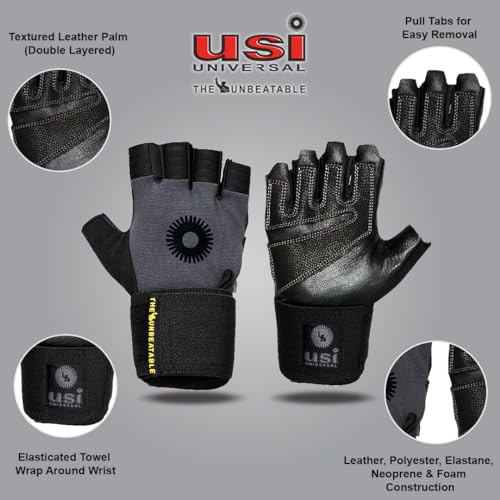 USI UNIVERSAL 733UB Unbeatable Fitness Gym Gloves, Workout Powerlifting Gloves, Leather, Leather Palm (Large, Black/Grey) - Image 2