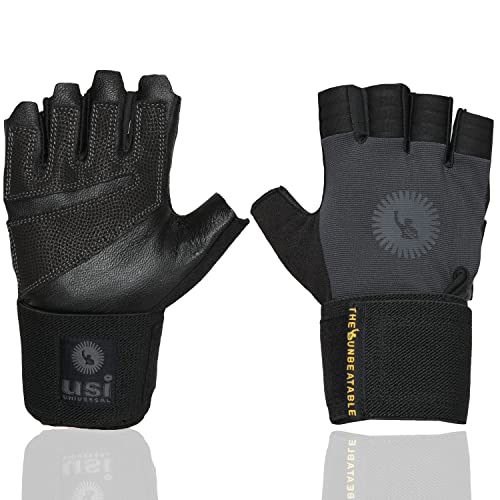 USI UNIVERSAL 733UB Unbeatable Fitness Gym Gloves, Workout Powerlifting Gloves, Leather, Leather Palm (Large, Black/Grey) - Image 1