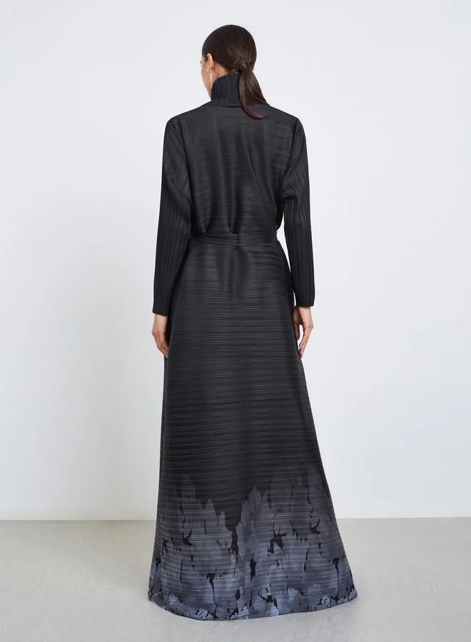 Take Two Graphic Printed Textured Pleated Long Sleeve Abaya