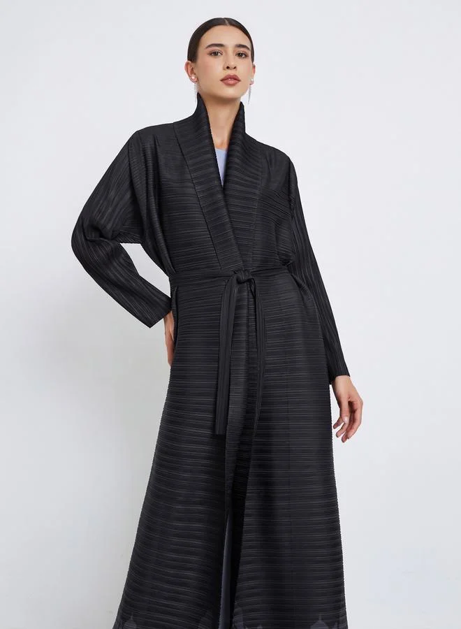 Take Two Graphic Printed Textured Pleated Long Sleeve Abaya