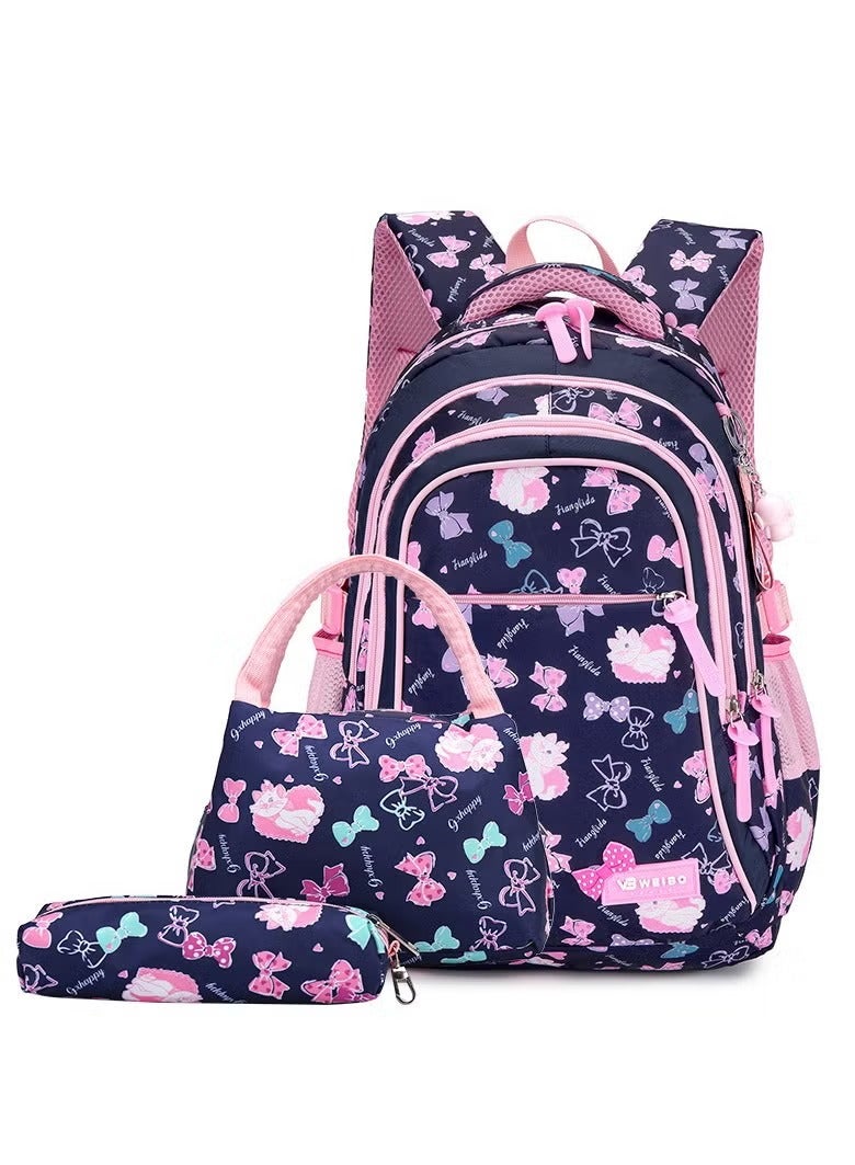 General Set Of 3 Cat Printed Nylon Backpack Large Capacity Schoolbag and Shoulder Bag and Pencil Case for Kids/Girls - Dark Blue/Pink 