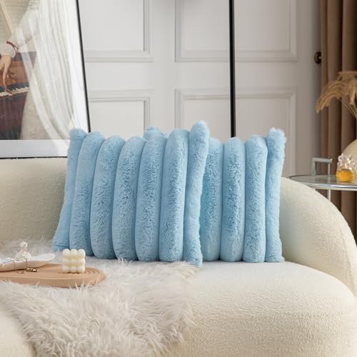 Neelvin Blue Faux Fur Cozy Soft Striped Decorative Throw Pillow Covers 16x16 inch Set of 2Velvet Pillowcase Cushion Case for Sofa Couch - Image 1