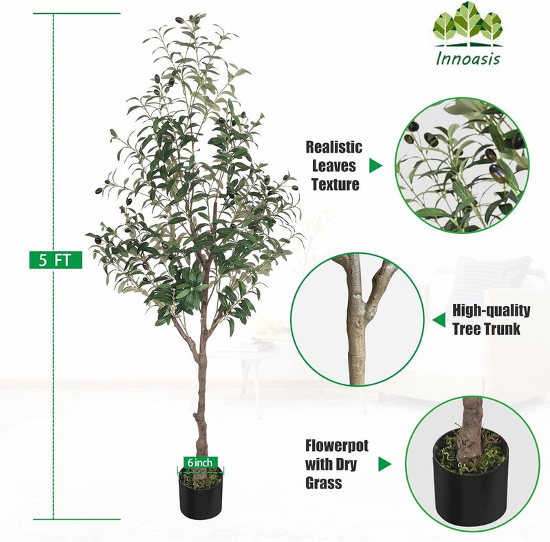 Innoasis Wide use compliant quality Artificial Olive Tree 5FT Tall Faux Plants Olive Silk Tree with Branches and Fruits in Pot Fake Trees Indoor Outdoor Decor for Home Office Living Room Floor（1pack） Space saving - Image 1