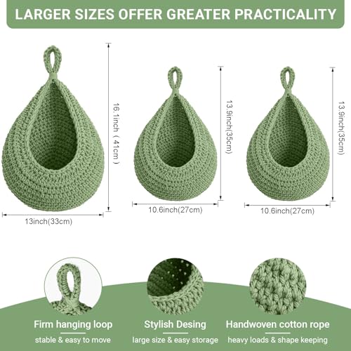 Halidali Hanging Fruit Baskets for Kitchen 3 Pack Boho Cotton Rope Handwoven Vegetable Storage Wall Mounted Large Organizing Basket for Farmhouse Decor Onion Potato Garlic and Plants Green - Image 3