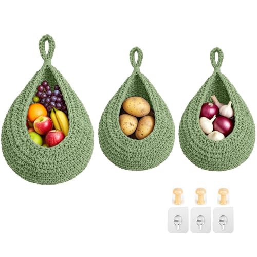 Halidali Hanging Fruit Baskets for Kitchen 3 Pack Boho Cotton Rope Handwoven Vegetable Storage Wall Mounted Large Organizing Basket for Farmhouse Decor Onion Potato Garlic and Plants Green - Image 1