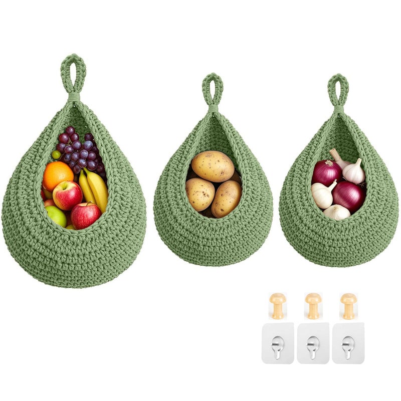 Halidali Hanging Fruit Baskets for Kitchen 3 Pack Boho Cotton Rope Handwoven Vegetable Storage Wall Mounted Large Organizing Basket for Farmhouse Decor Onion Potato Garlic and Plants Green - Image 2