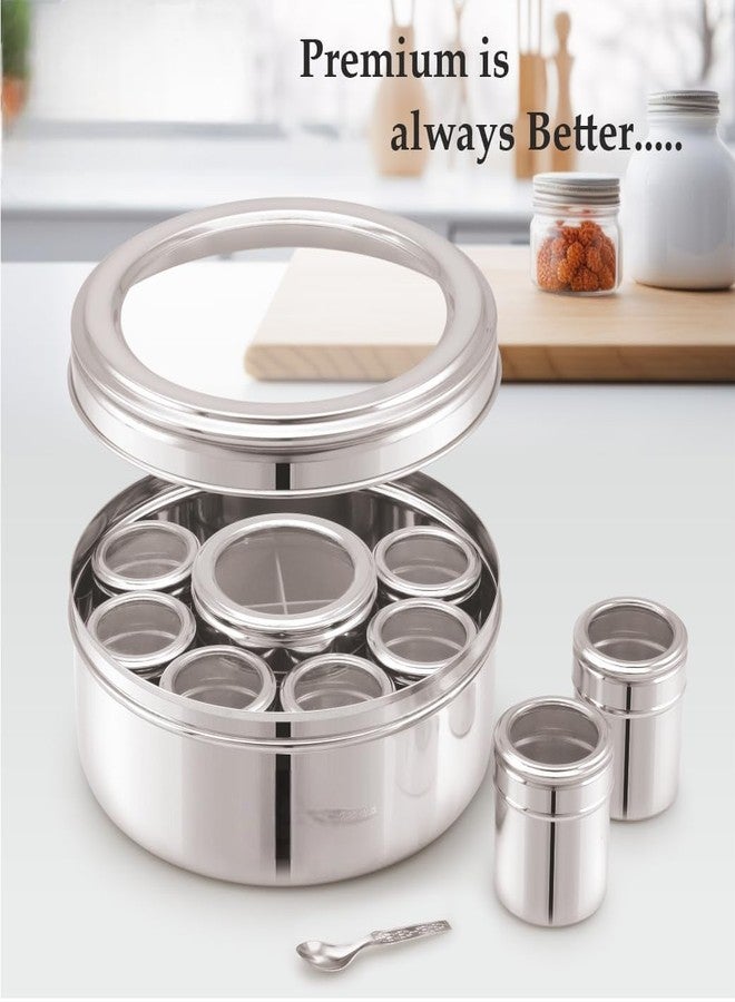 VISAXMI 12 in 1 Stainless Steel Masala Box | Kitchen Masala Dabba with Acrylic Lid | Steel Spice Box with 8 Containers & 4-Section Center | 22.5 cm Diameter - Image 5