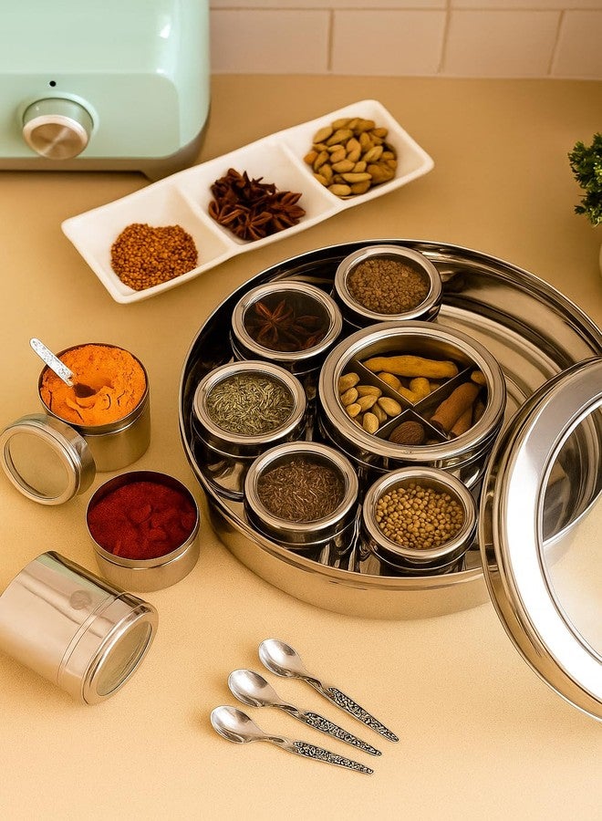 VISAXMI 12 in 1 Stainless Steel Masala Box | Kitchen Masala Dabba with Acrylic Lid | Steel Spice Box with 8 Containers & 4-Section Center | 22.5 cm Diameter - Image 4