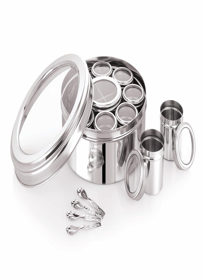 VISAXMI 12 in 1 Stainless Steel Masala Box | Kitchen Masala Dabba with Acrylic Lid | Steel Spice Box with 8 Containers & 4-Section Center | 22.5 cm Diameter - Image 3