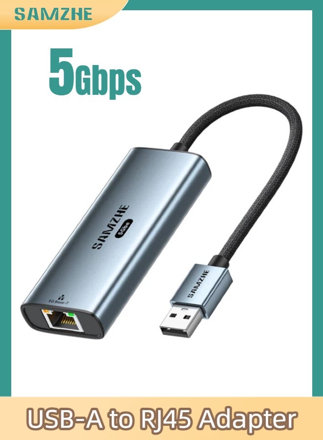 SAMZHE محول USB-A إلى إيثرنت، موصل USB-A RJ45، شبكة سلكية مضفرة بسرعة 5 جيجابت في الثانية، شبكة محلية بسرعة 5000 ميجابت في الثانية، متوافق مع أجهزة الكمبيوتر المحمولة والمكتبية وأجهزة الكمبيوتر الشخصية وNSwitch وPS5 - Image 1