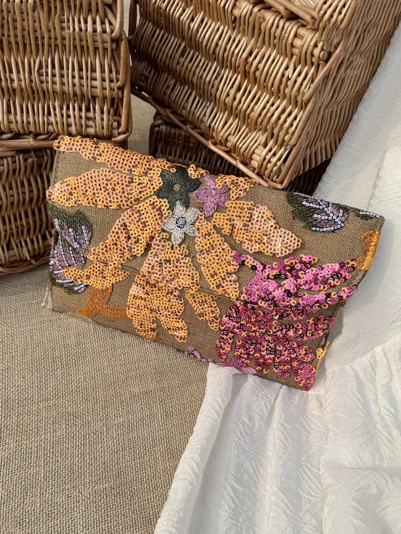 MsAnya Floral Clutch Purses for Women Summer Embroidery Purses Sequin Unique Beaded Evening Bag Wedding Beach Colorful (Orange) - Image 3