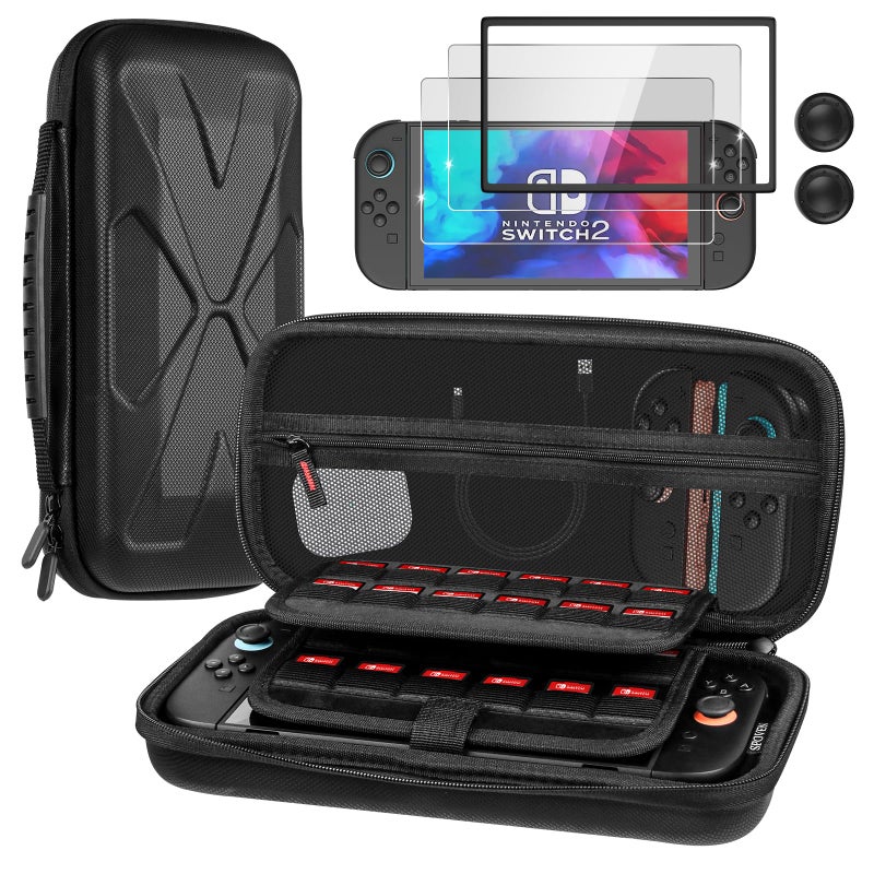SPOVEN for Nintendo Switch 2 Case Black (2025), Portable Large Capacity Carrying Protective Hard Shell Travel Case, 4 in 1 Accessories Bundle with 2 Screen Protectors, 2 Thumb Grip Caps & Installation Tray - Image 1